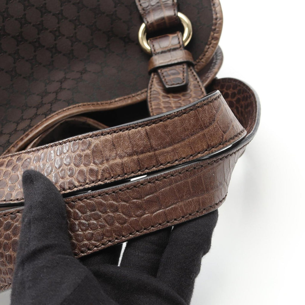 Celine Handbag Bittersweet Macadam Croco Embossed Dark Brown Canvas Leather — view 5