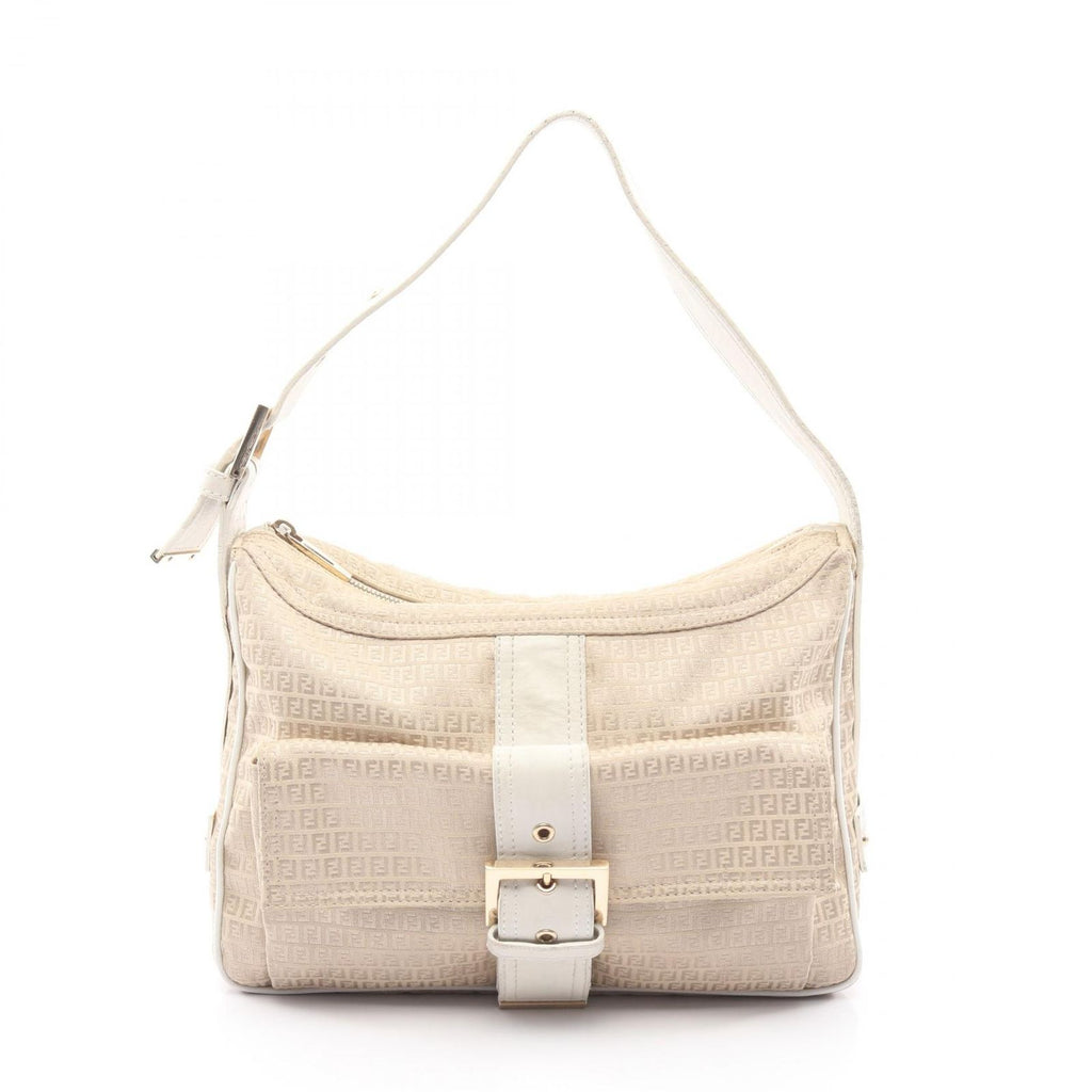 Fendi Shoulder Bag Micro FF Beige White Canvas Leather