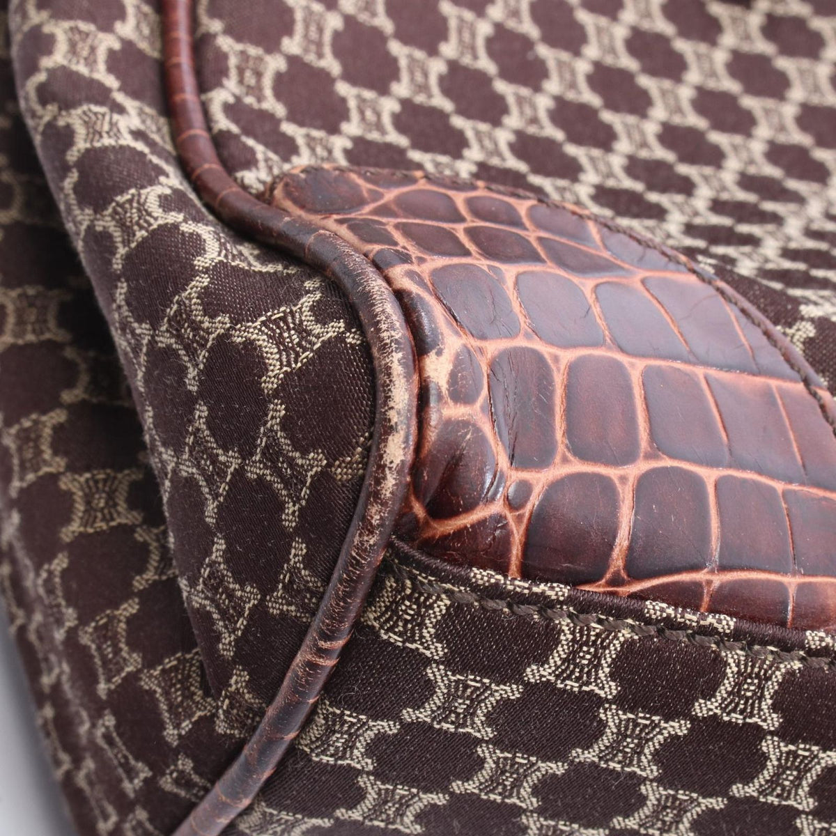 Celine Tote Macadam Croco Embossed Dark Brown Beige Canvas Leather — view 5