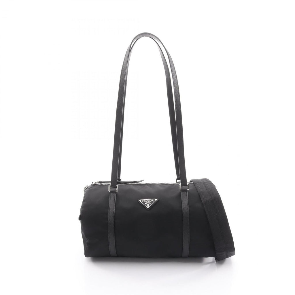 Prada Shoulder Bag Tessuto Saffian Duffle 2-Way Black Nylon Saffiano Leather