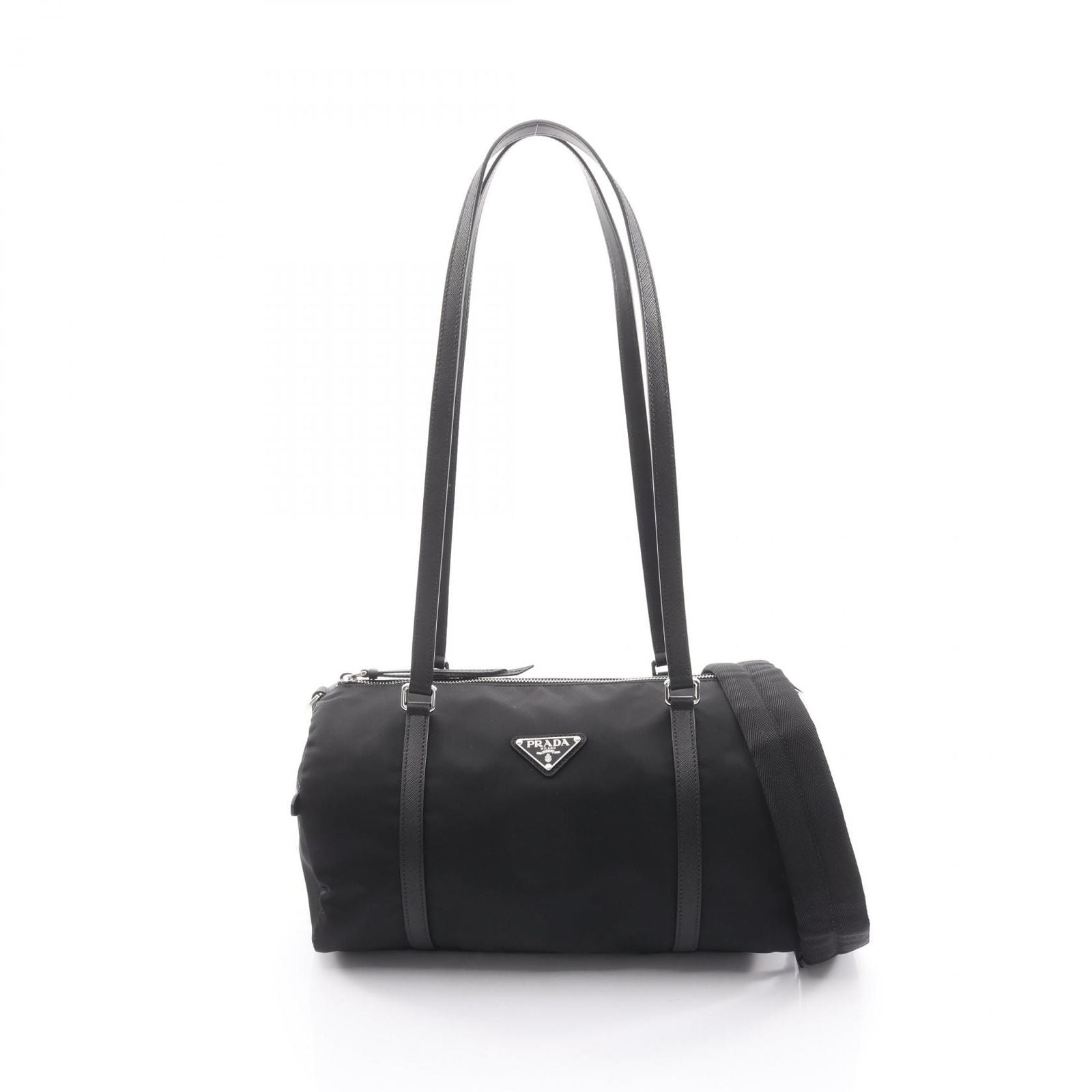 Prada Shoulder Bag Tessuto Saffian Duffle 2-Way Black Nylon Saffiano Leather