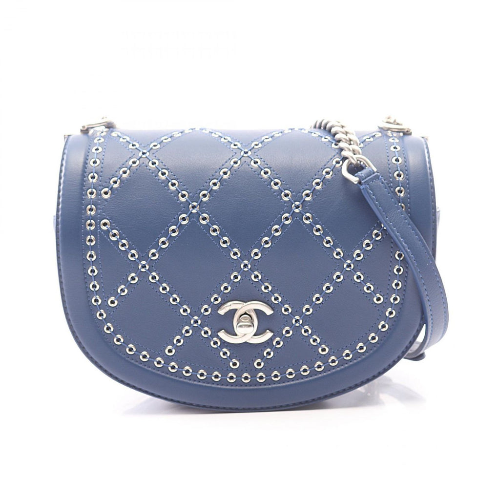 Chanel Shoulder Bag Quilted Coco Eyelet Round Mini Blue Leather Chain