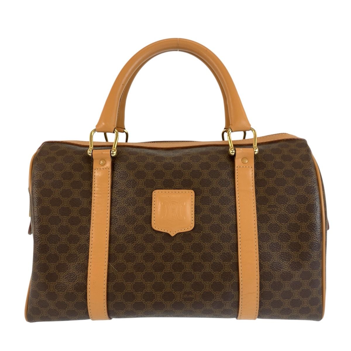Celine Vintage Macadam Brown Gold Leather Boston Bag