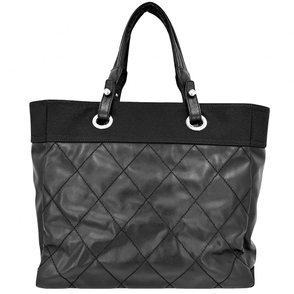 Chanel Tote Paris Biarritz MM Handbag CC Logo Leather Black Silver — view 2