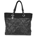 Chanel Tote Paris Biarritz MM Handbag CC Logo Leather Black Silver