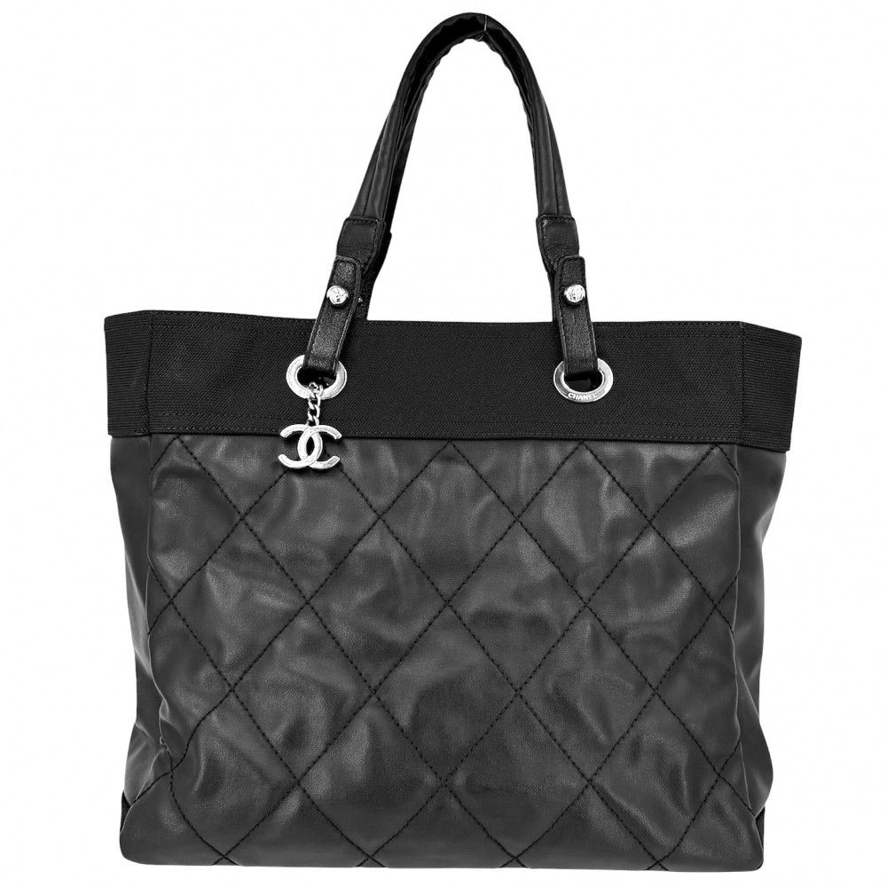 Chanel Tote Paris Biarritz MM Handbag CC Logo Leather Black Silver