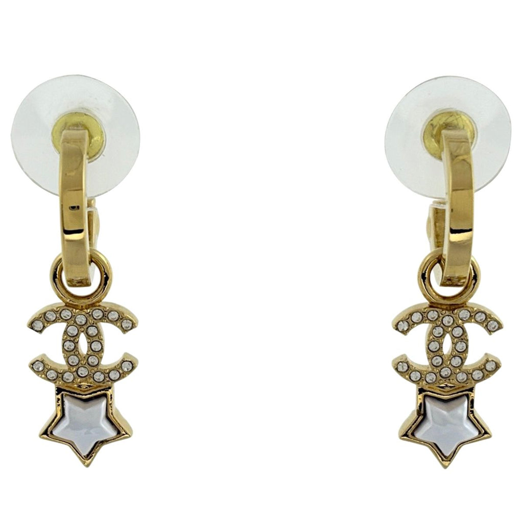 Chanel CC Logo Rhinestone Earrings Swing Gold