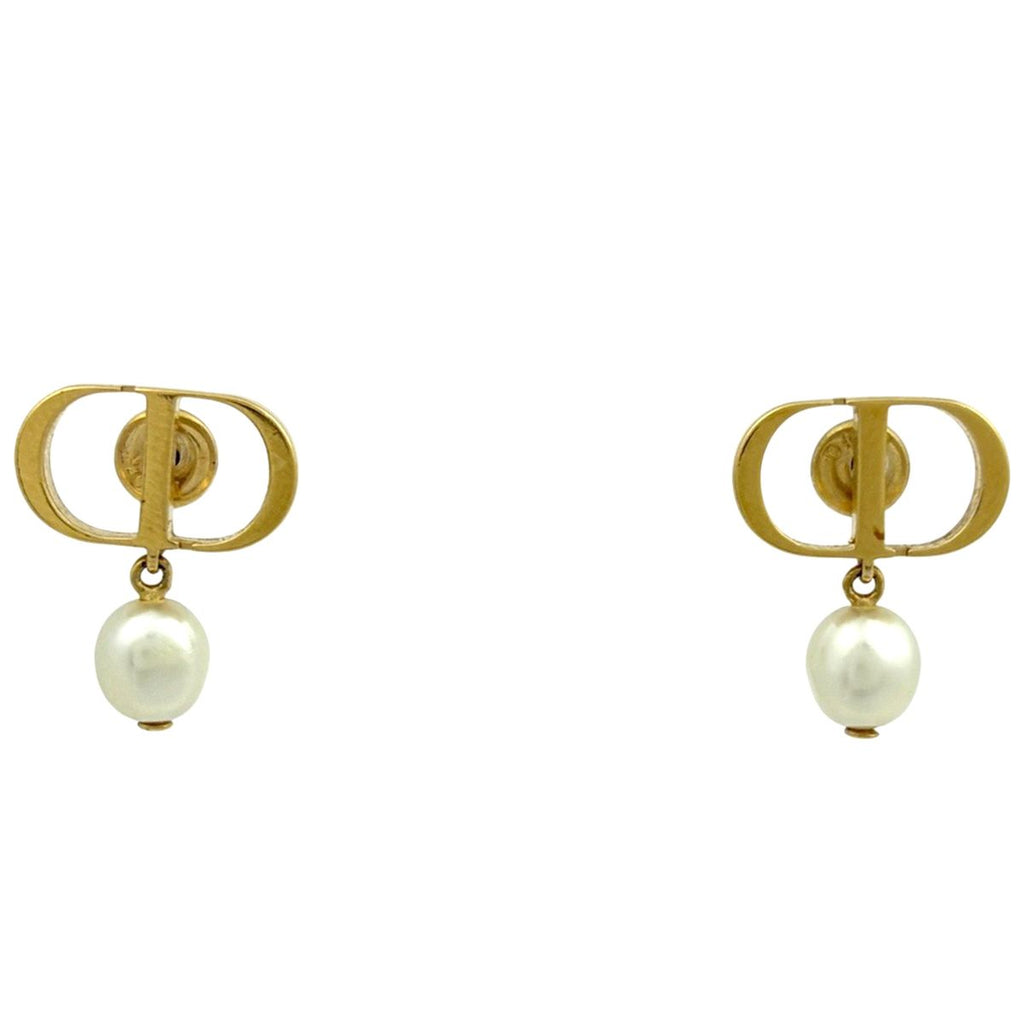 Dior Logo Faux Pearl Earrings Gold White