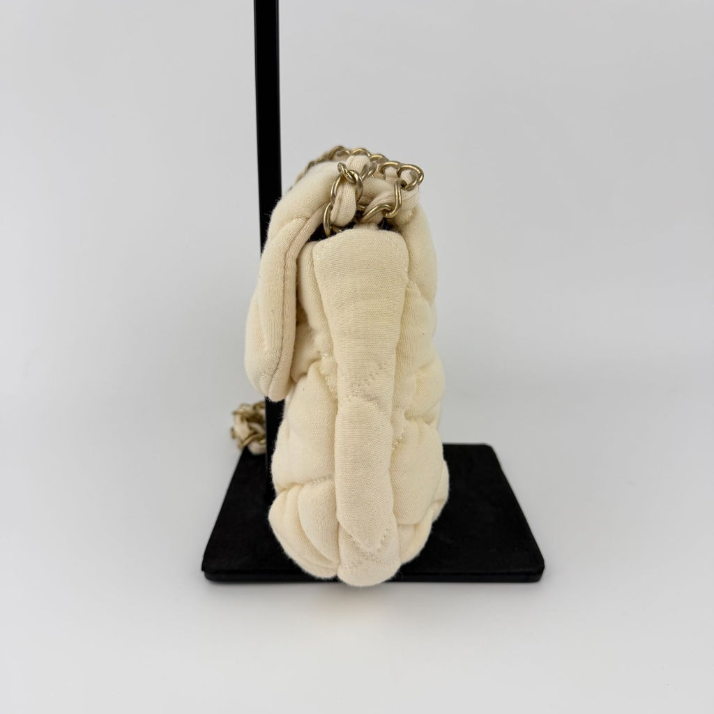 Chanel CC Logo Bubble Quilt Chain Shoulder Bag Crossbody Cream Cotton Vintage — view 8
