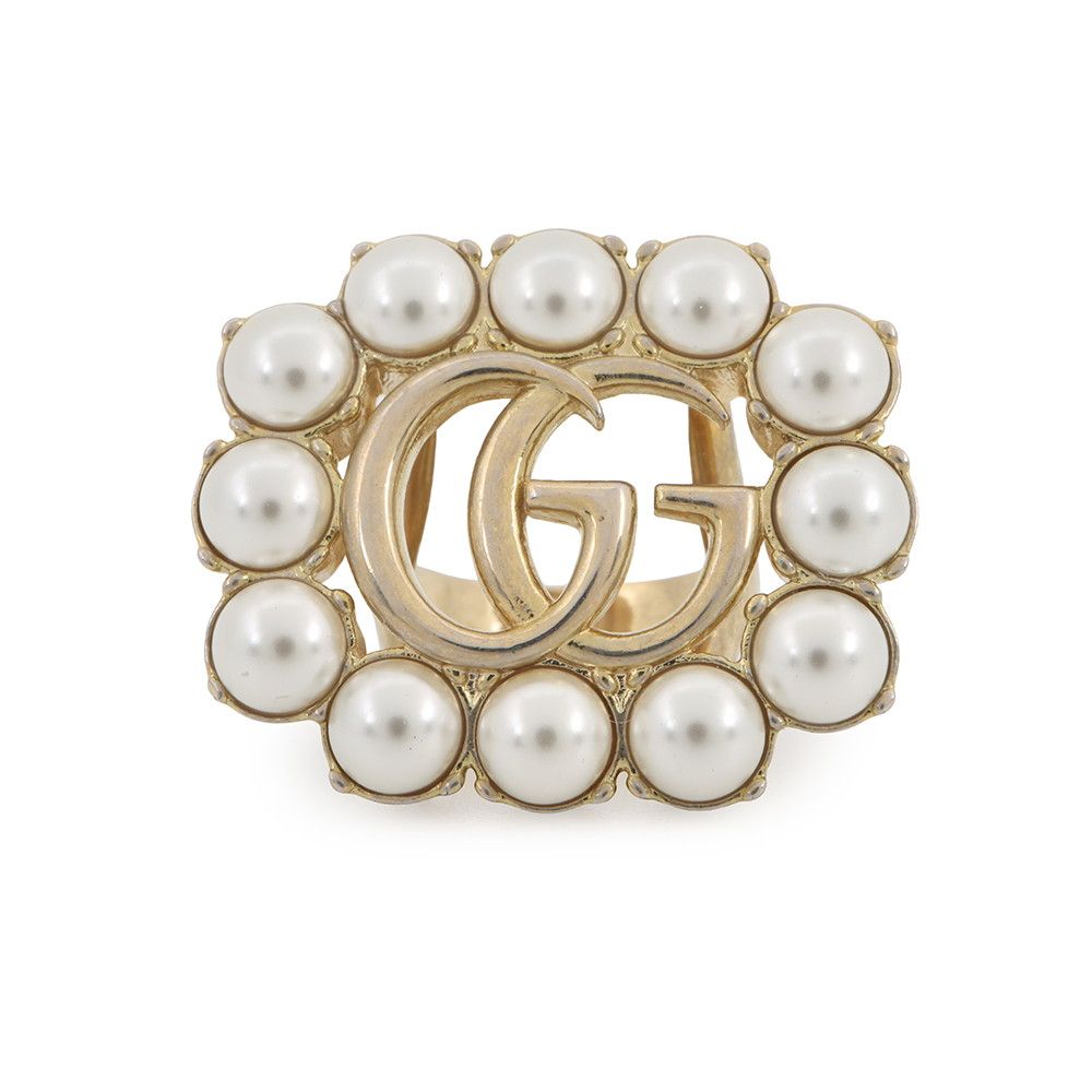 Gucci Ring Crystal Double Logo Metal Faux Pearl XS