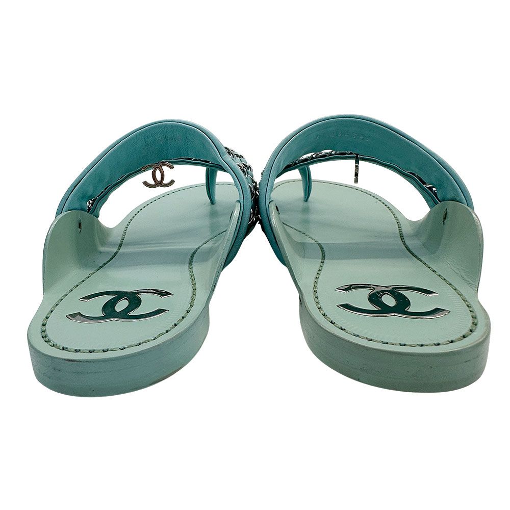 Chanel Sandals Leather Thong Mint Green 38c Chain CC Logo — view 4