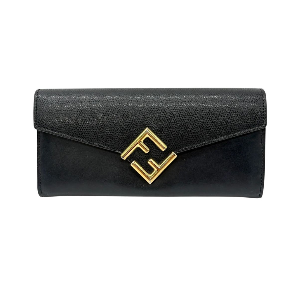 Fendi Wallet FF Diamond Continental Leather Black Gold Folding