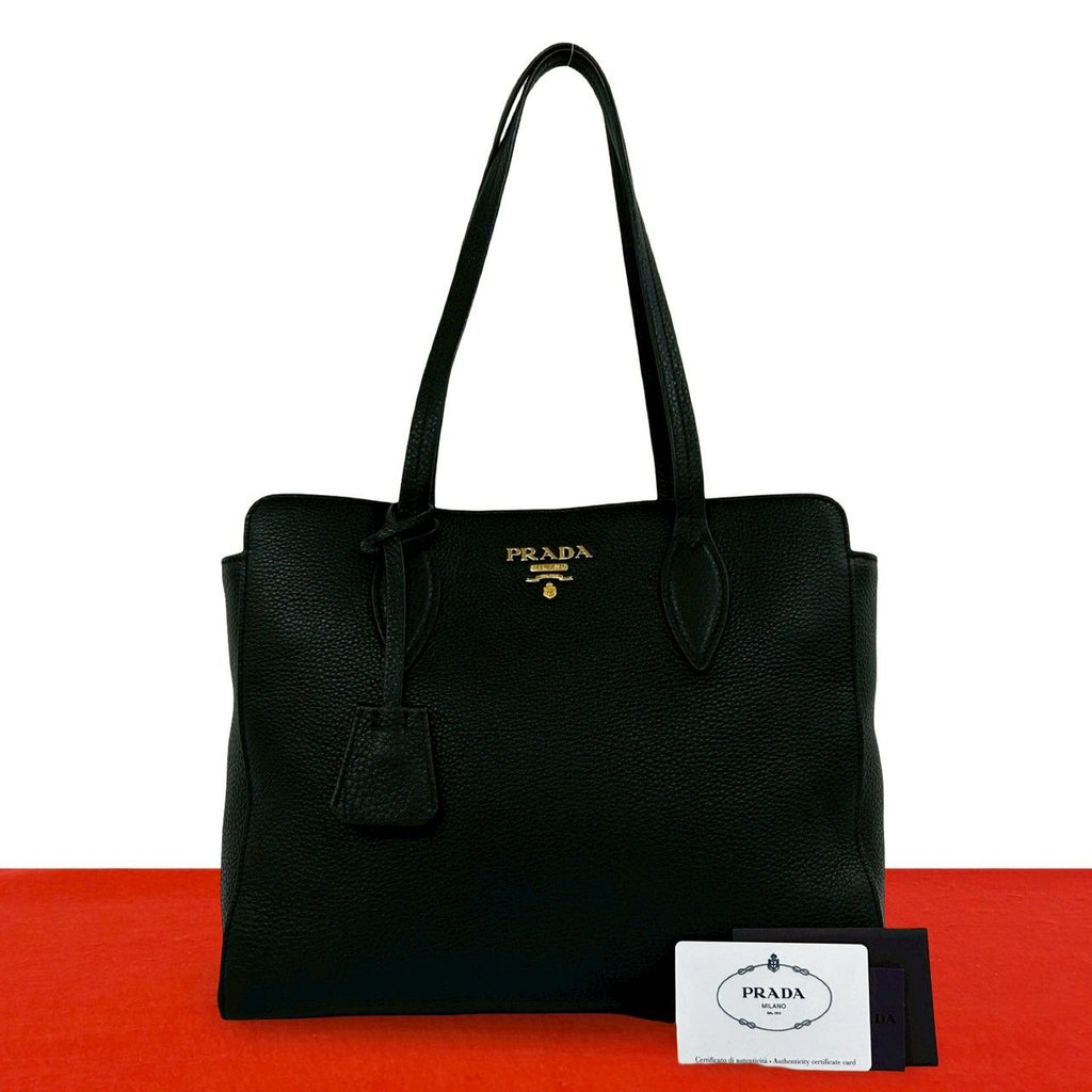 Prada Logo Vitello Daino Leather Tote Shoulder Bag Business Black