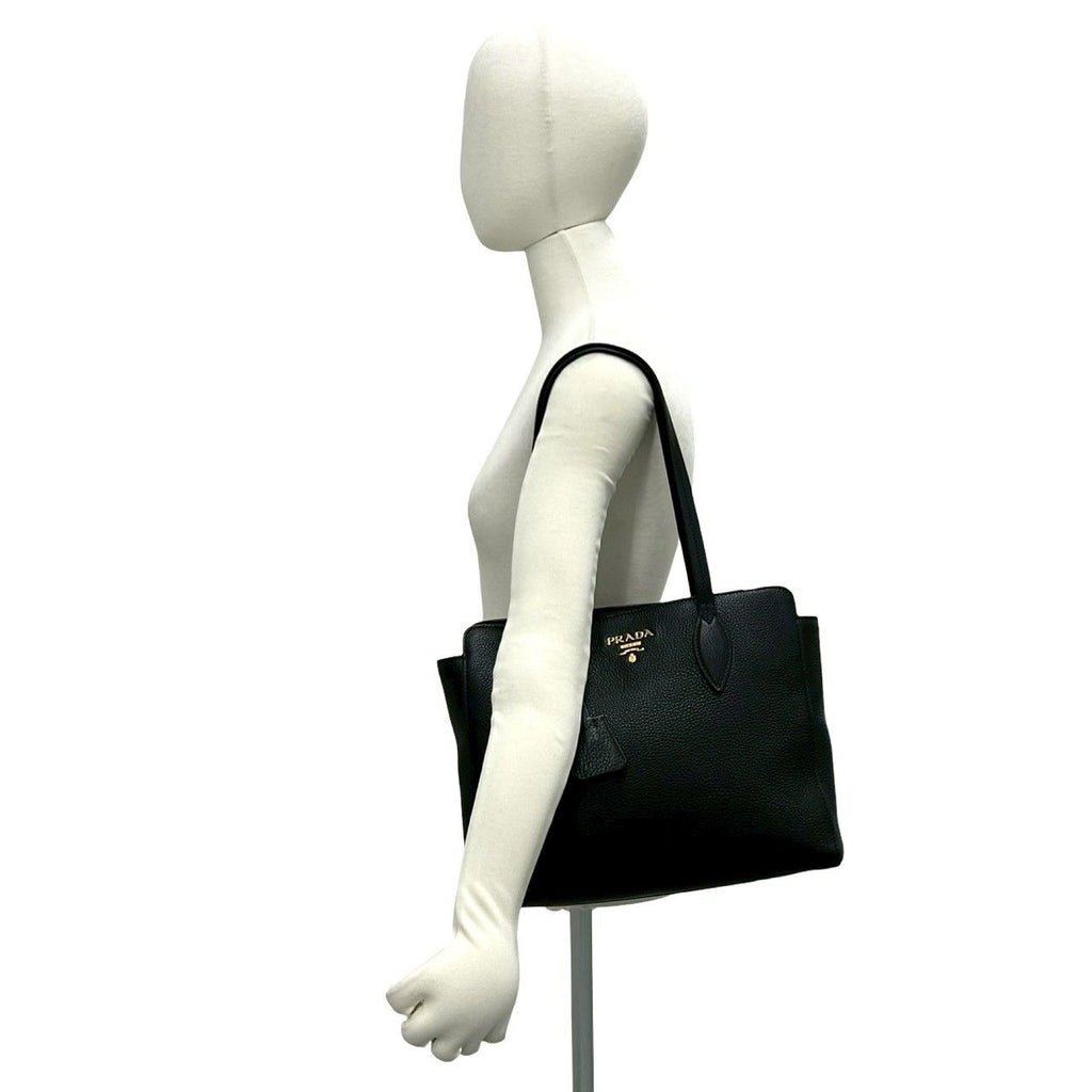 Prada Logo Vitello Daino Leather Tote Shoulder Bag Business Black — view 2