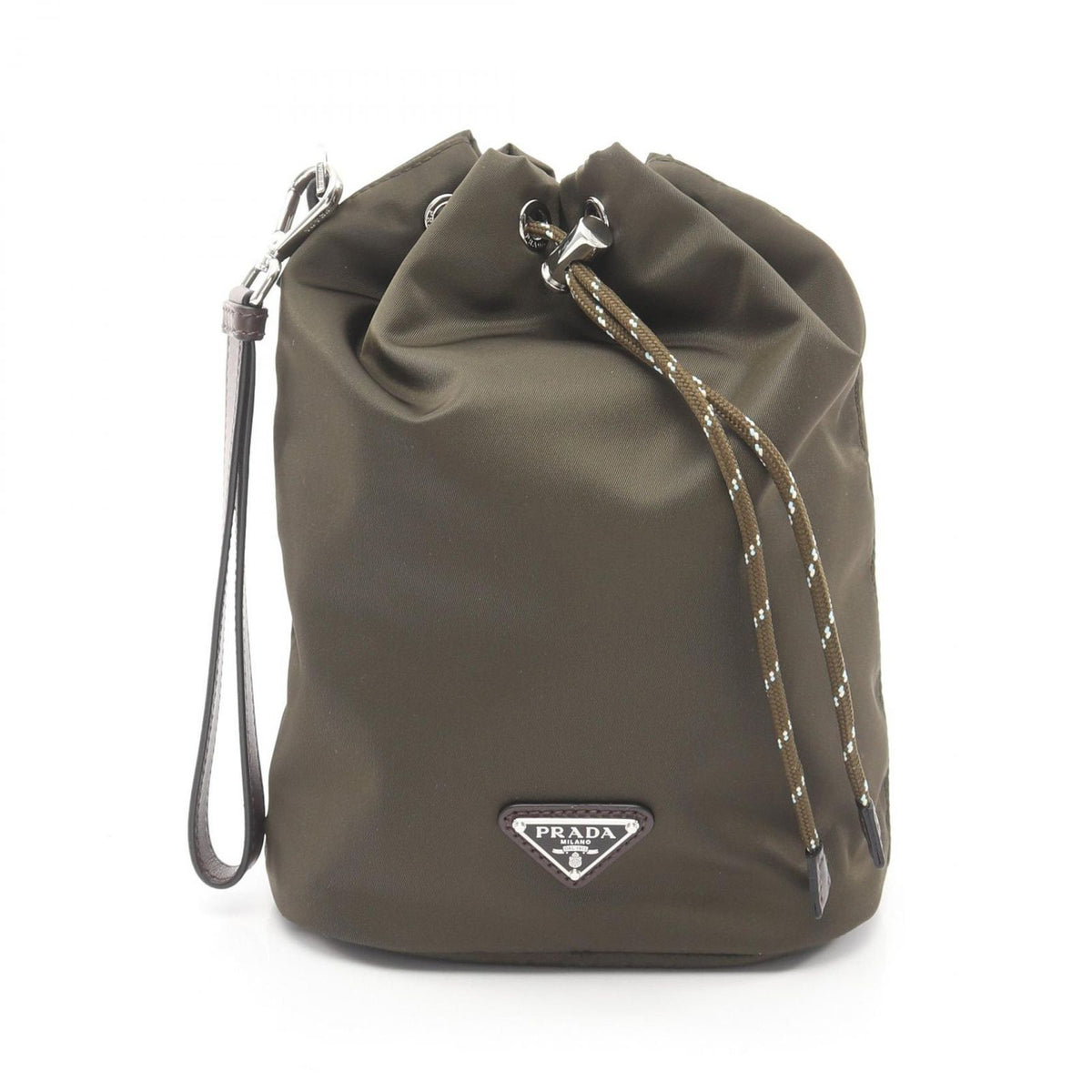 Prada Pouch Tessuto Tech Drawstring Purse Khaki Nylon