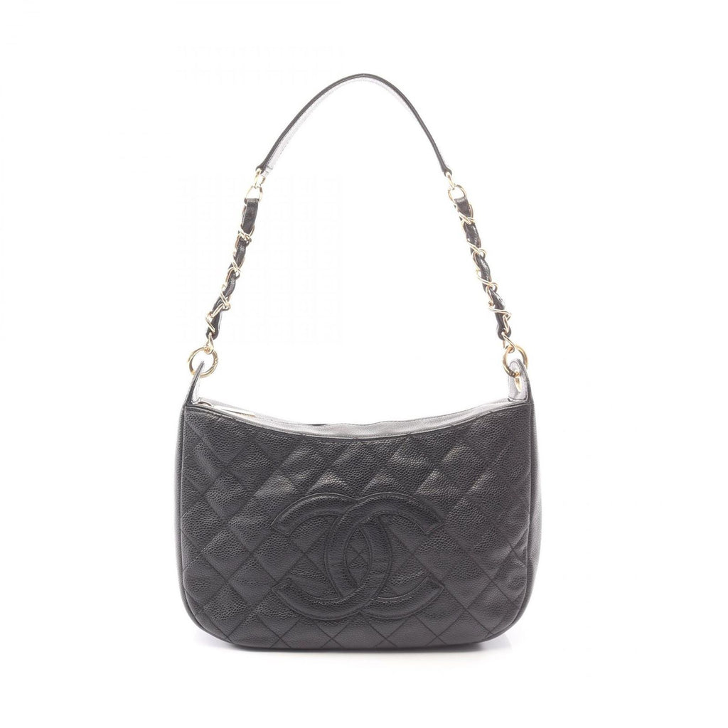 Chanel Shoulder Bag Quilted Black Caviar Leather CC Logo Chain