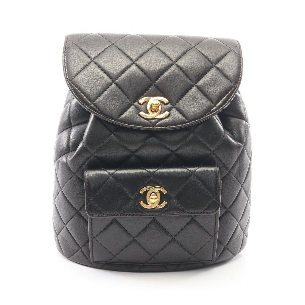Chanel Backpack Quilted Black Lambskin Double Turnlock Chain