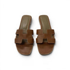 Hermes Oran Sandals Shoes Leather Brown Flat Mules — view 2