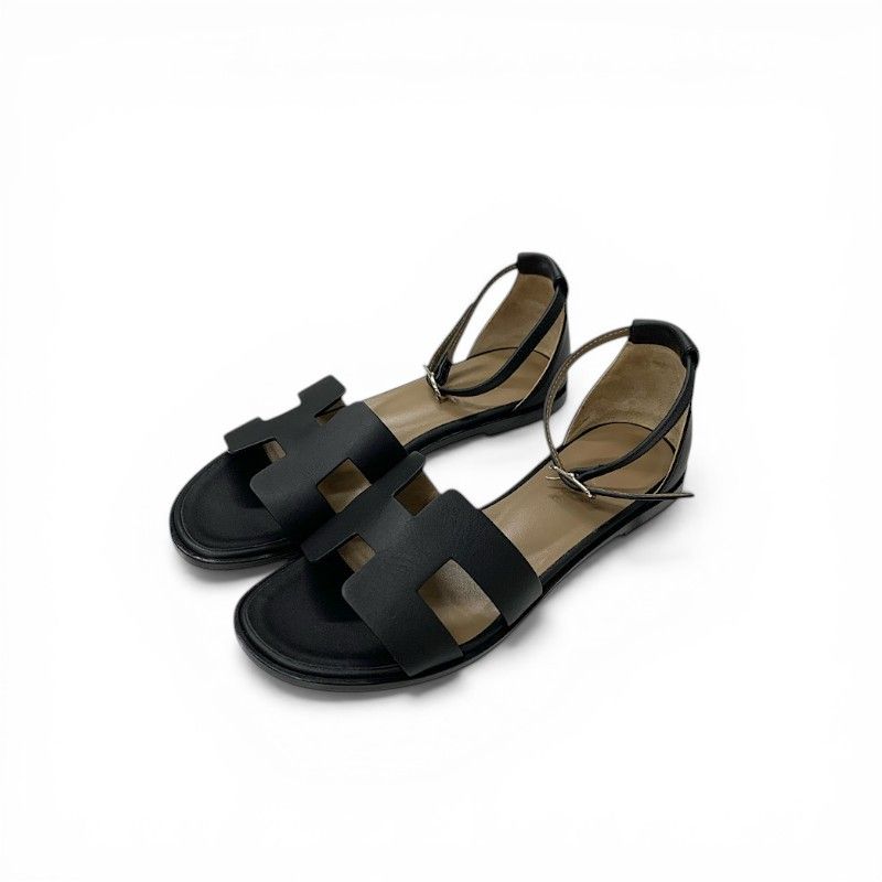 Hermes Santorini Sandals Shoes Leather Black Strap Flat