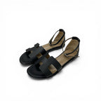 Hermes Santorini Sandals Shoes Leather Black Strap Flat