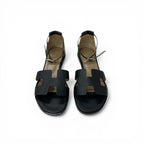 Hermes Santorini Sandals Shoes Leather Black Strap Flat — view 2