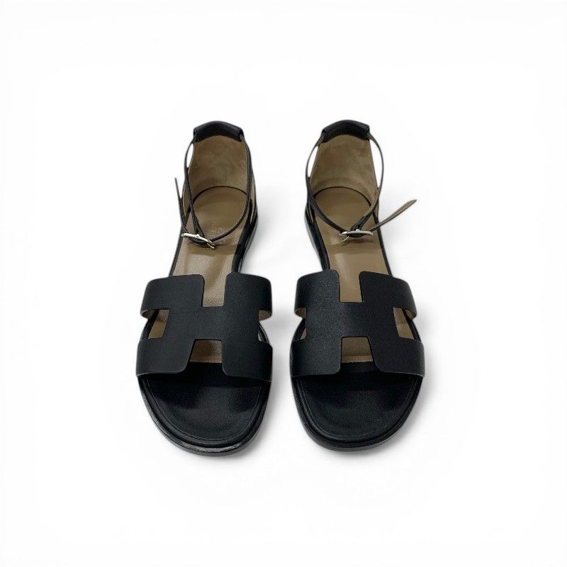 Hermes Santorini Sandals Shoes Leather Black Strap Flat — view 2