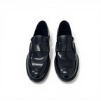 Chanel Loafers Leather Shoes Black Gold Logo Flat — view 2