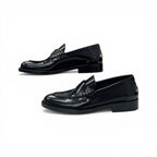 Chanel Loafers Leather Shoes Black Gold Logo Flat — view 3