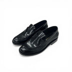 Chanel Loafers Leather Shoes Black Gold Logo Flat