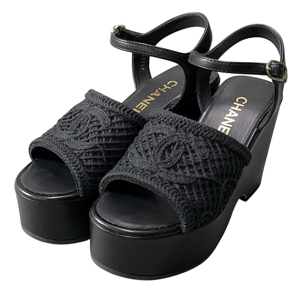 Chanel Wedge Sole Sandals Thick CC Logo Mesh 36c Black Leather