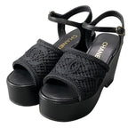 Chanel Wedge Sole Sandals Thick CC Logo Mesh 36c Black Leather