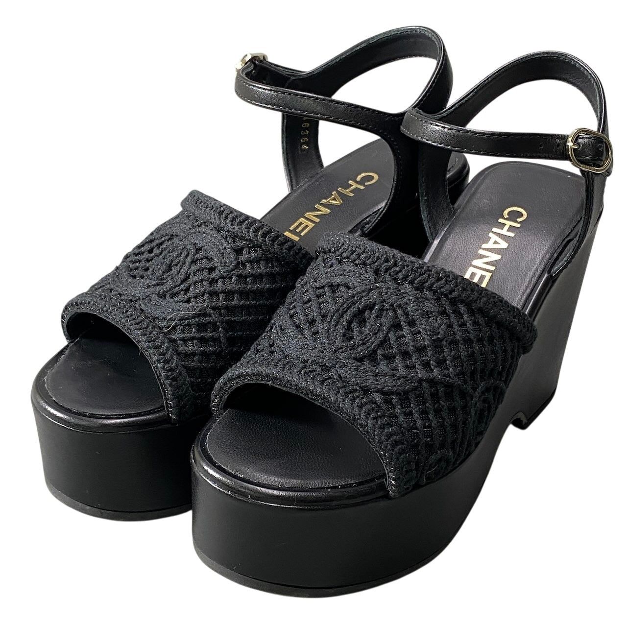 Chanel Wedge Sole Sandals Thick CC Logo Mesh 36c Black Leather