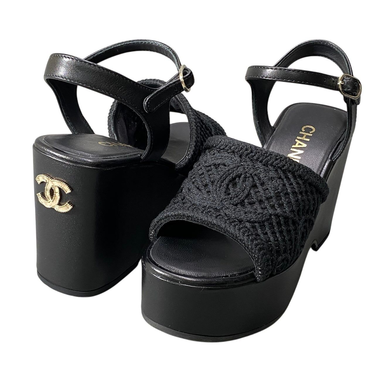 Chanel Wedge Sole Sandals Thick CC Logo Mesh 36c Black Leather — view 5