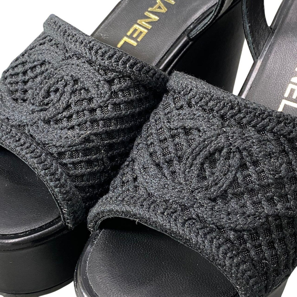 Chanel Wedge Sole Sandals Thick CC Logo Mesh 36c Black Leather — view 8
