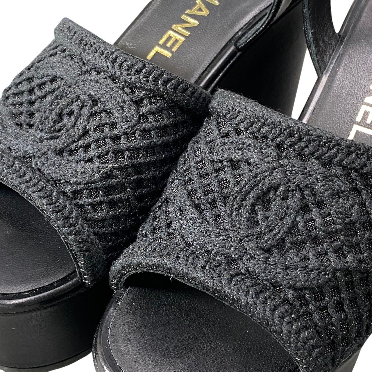 Chanel Wedge Sole Sandals Thick CC Logo Mesh 36c Black Leather — view 8