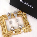 Chanel CC Logo Camellia Star Long Earrings Metal Faux Pearl Rhinestone Silver