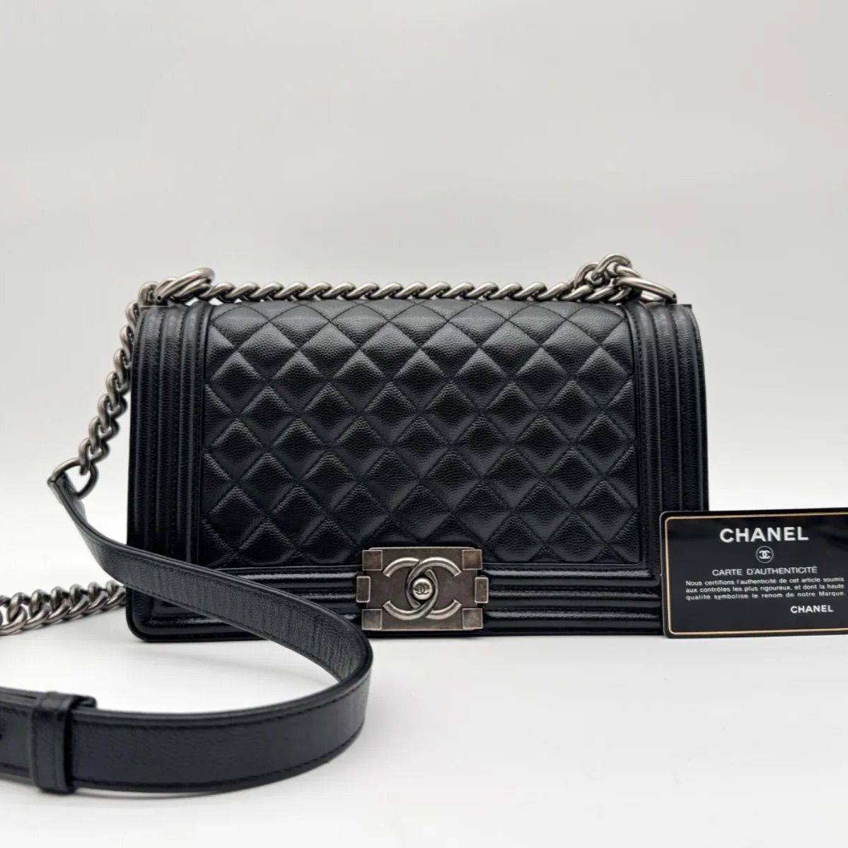 Chanel Shoulder Bag Quilted Black Leather CC Logo Silver