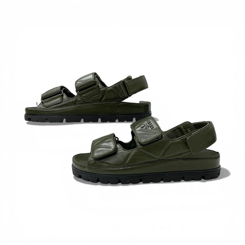Prada Sandals Shoes Leather Khaki Logo Padded Nappa Velcro — view 2