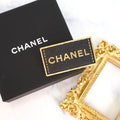 Chanel Logo Plate Brooch Metal Leather Gold Black Square