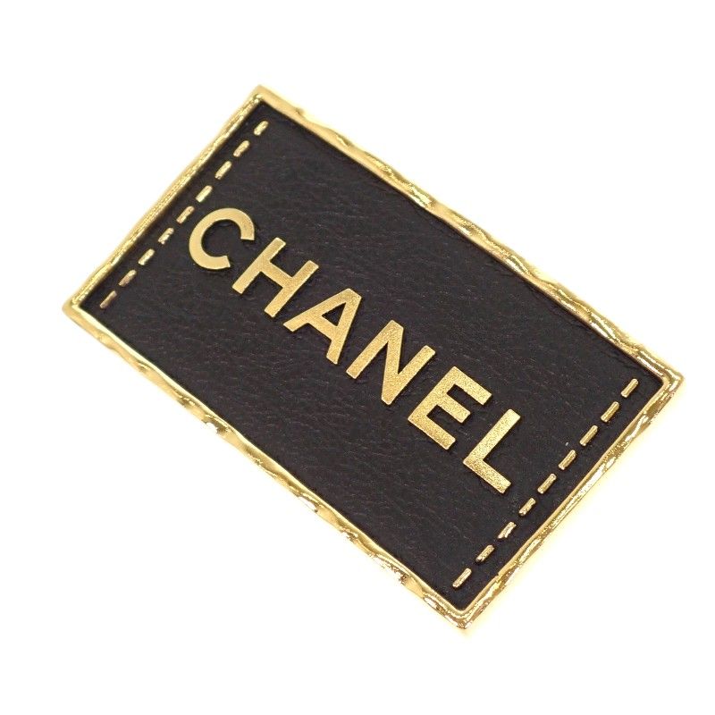Chanel Logo Plate Brooch Metal Leather Gold Black Square — view 3