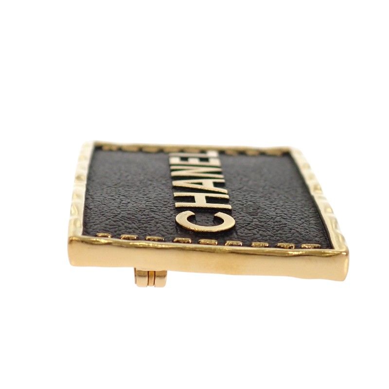 Chanel Logo Plate Brooch Metal Leather Gold Black Square — view 5