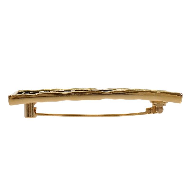 Chanel Logo Plate Brooch Metal Leather Gold Black Square — view 8