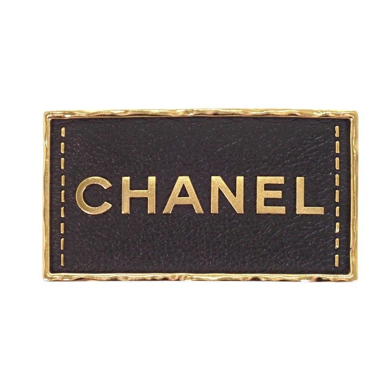 Chanel Logo Plate Brooch Metal Leather Gold Black Square — view 2