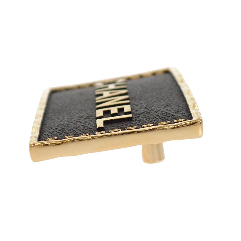 Chanel Logo Plate Brooch Metal Leather Gold Black Square — view 6