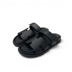 Hermes Chypre Sandals Shoes Leather Black Velcro Strap Flat