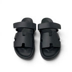 Hermes Chypre Sandals Shoes Leather Black Velcro Strap Flat — view 2