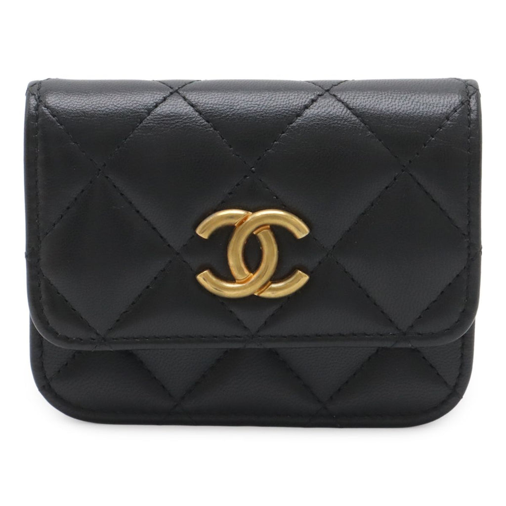 Chanel Quilted CC Logo Mini Waist Bag Pouch Chain Leather Black Gold Silver