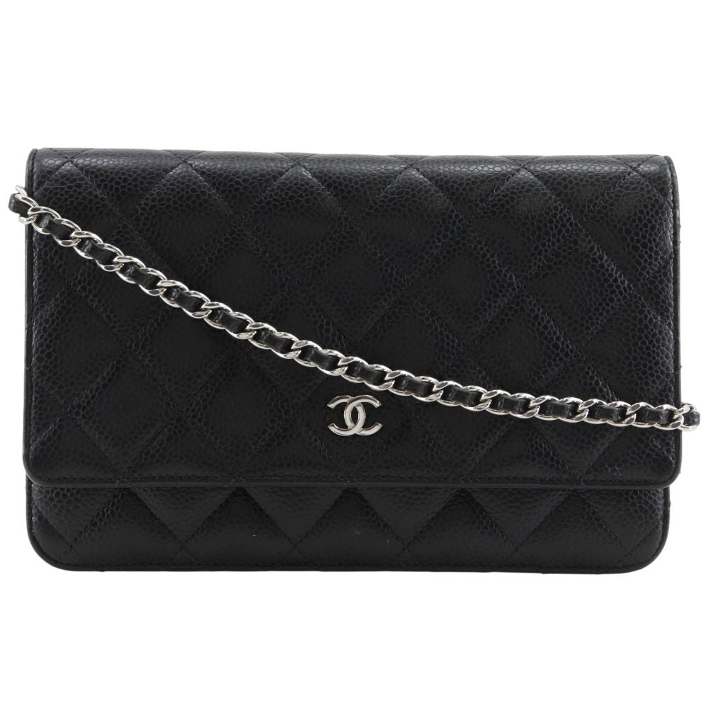 Chanel Classic Quilted Wallet Shoulder Caviar Leather Black Chain