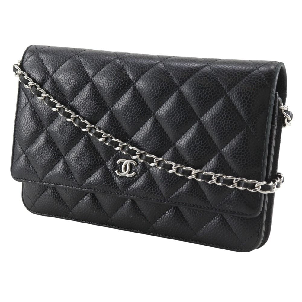 Chanel Classic Quilted Wallet Shoulder Caviar Leather Black Chain — view 2