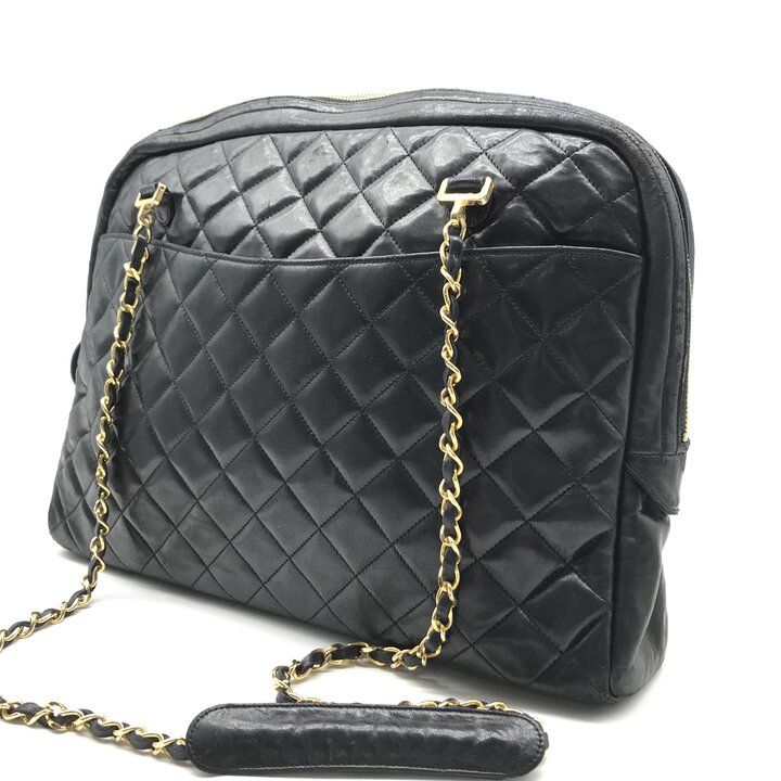 Chanel CC Logo Quilted Lambskin Chain Tote Black Purse — view 2